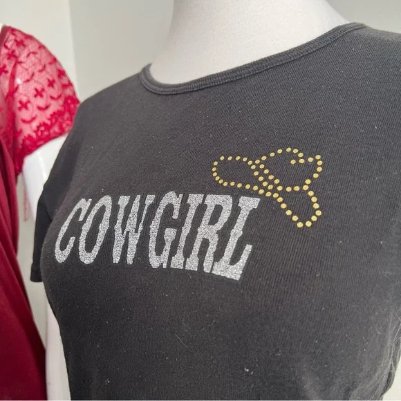 Y2K Cowgirl Graphic Baby Tee • Black Western Top • Early 2000s Aesthetic M - Picture 4 of 6